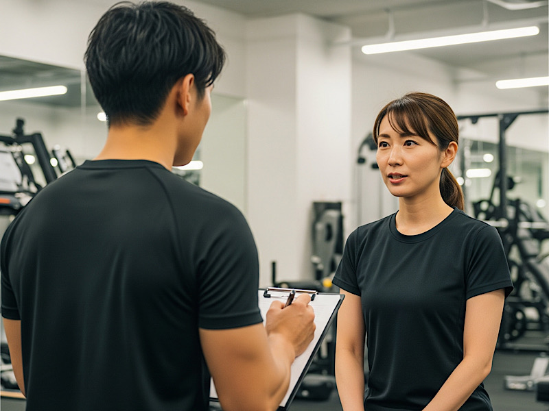 無料カウンセリングを受ける女性と、話を聞く男性トレーナー