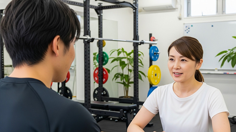 AI生成による、ヒアリング画像。女性の話を親身に聞くパーソナルトレーナー