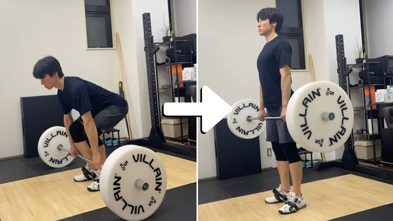 トレーナー自らデッドリフトをする様子のスタートポジションとフィニッシュポジション。