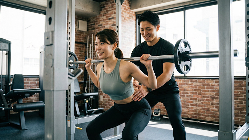 スクワットをする女性の背後から補助に入るパーソナルトレーナ