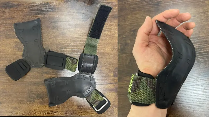 台に置かれた迷彩柄のパワーグリップと、実際に手に装着した様子